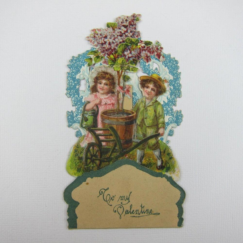 Vintage Valentine 3D Pop Up Die Cut Boy & Girl Pink Planting Tree Wheel Barrow